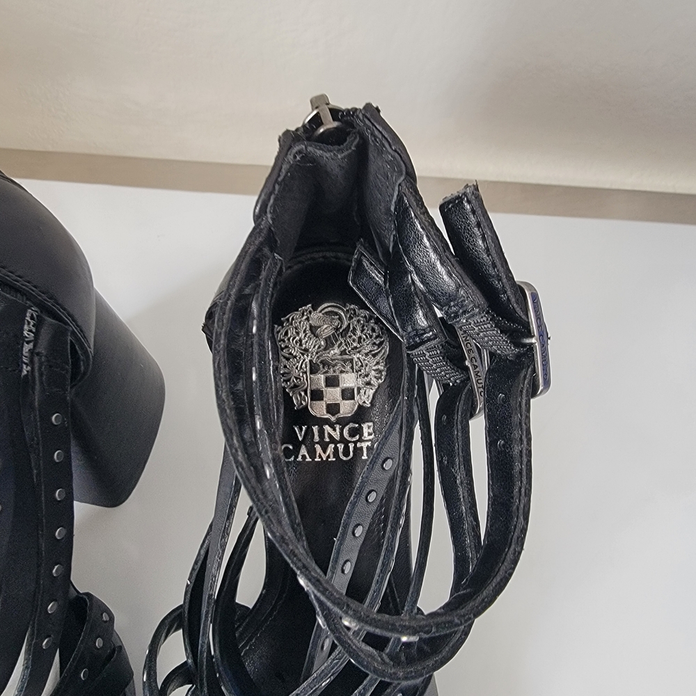 Vince Camuto Black Studded Strappy Block Heel Sandals Size 6M 36.5